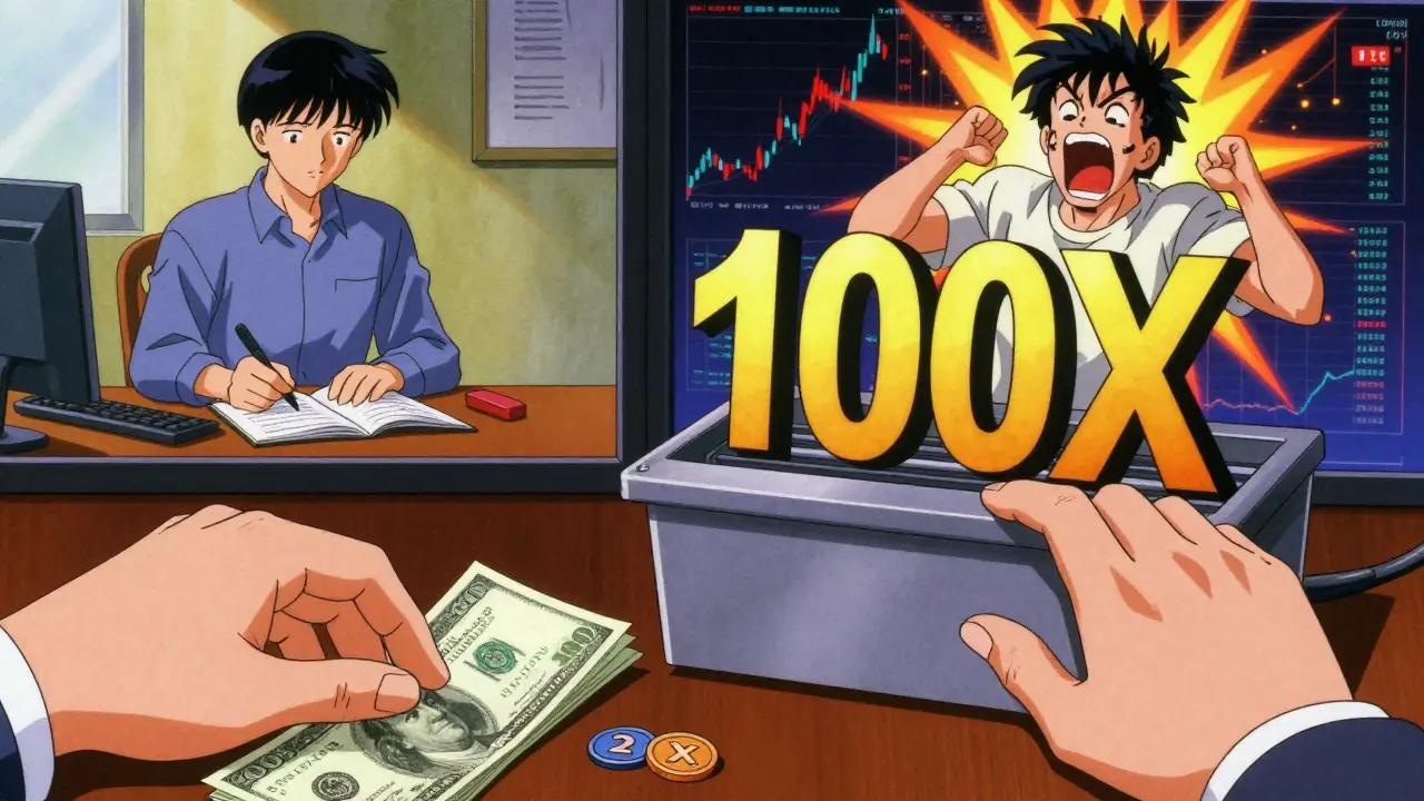 Two hands contrast small cautious investment vs. destroying a high-leverage token, with calm and chaotic scenes behind them.