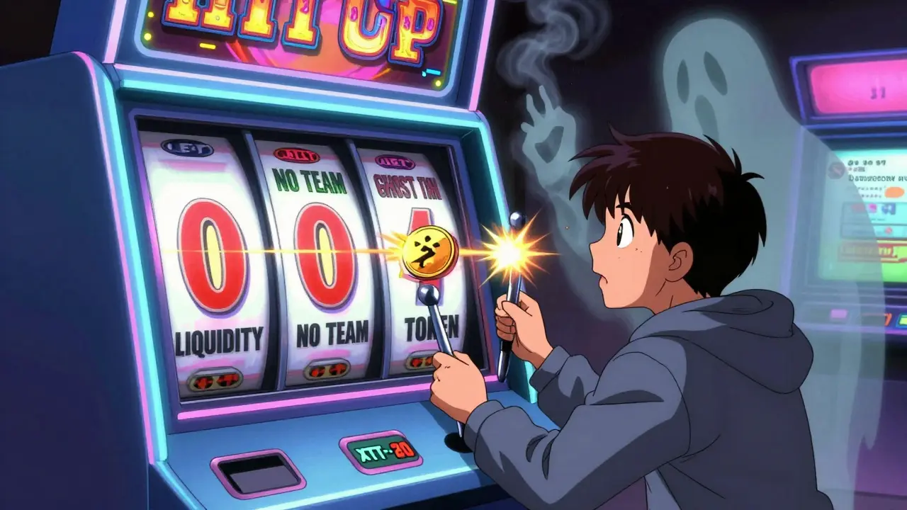 A casino slot machine with '0 LIQUIDITY', 'NO TEAM', and 'GHOST TOKEN' reels spins as a hopeful player pulls the lever.