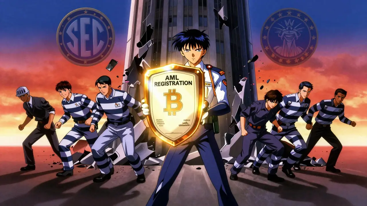 A compliance officer stands before a collapsing exchange tower, holding a glowing AML registration certificate as executives are dragged away.