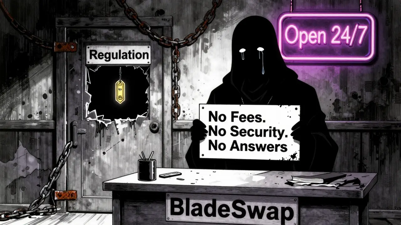A faceless figure behind a broken 'BladeSwap' desk, chains sealing a 'Regulation' door, a lone glowing token above emptiness.