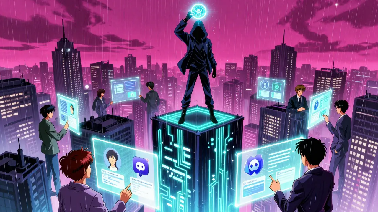 A figure atop a neon-lit digital city holding a CANU token as users below interact with blockchain systems in a 90s anime style.