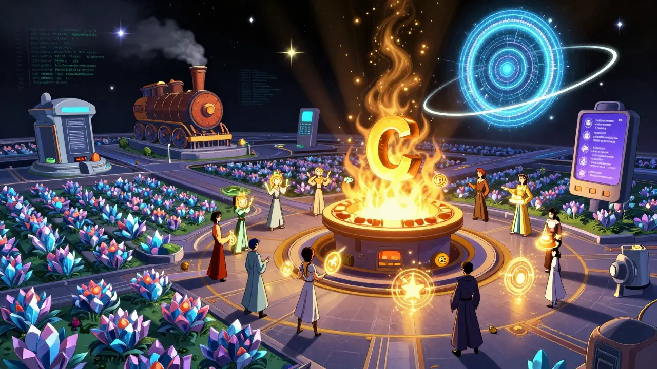 A floating DeFi hub with yield farms, NFTs, and a burning CAKE furnace, while Arbitrum’s efficient ring glows above outdated rivals.