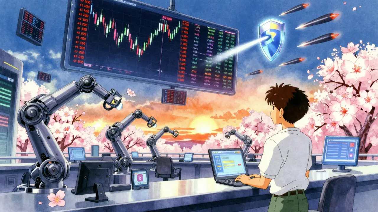 A futuristic trading floor with AI signals blooming like flowers and a Smartlink shield defending against cyber threats.