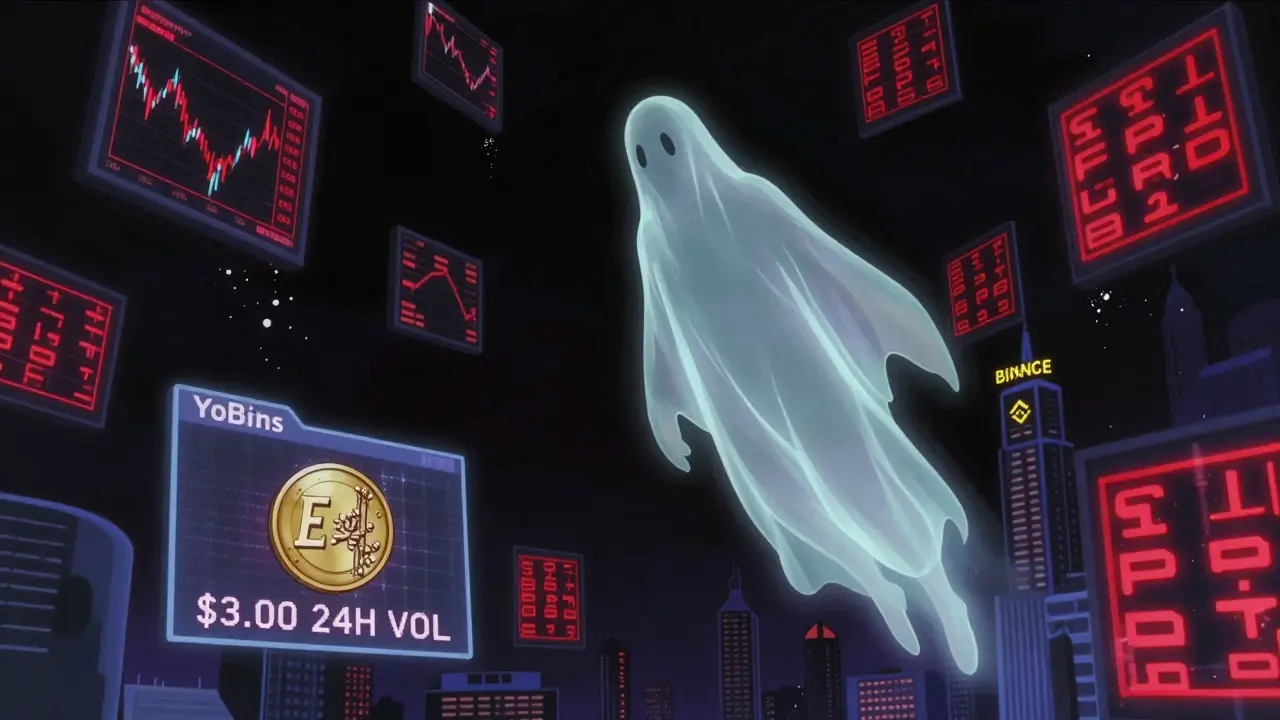 A ghostly EUC coin floats through a digital graveyard of collapsed crypto charts.