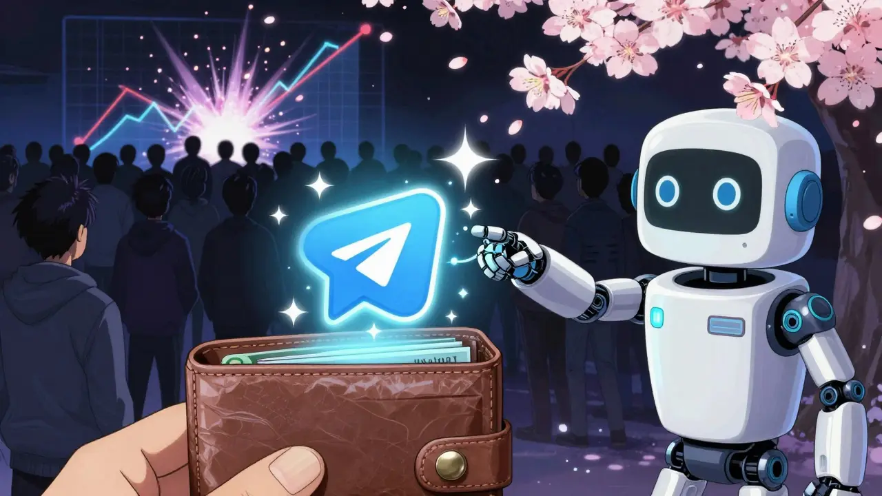 A glowing MetaMask wallet connects to a futuristic Telegram bot avatar, with data particles exploding into the air.