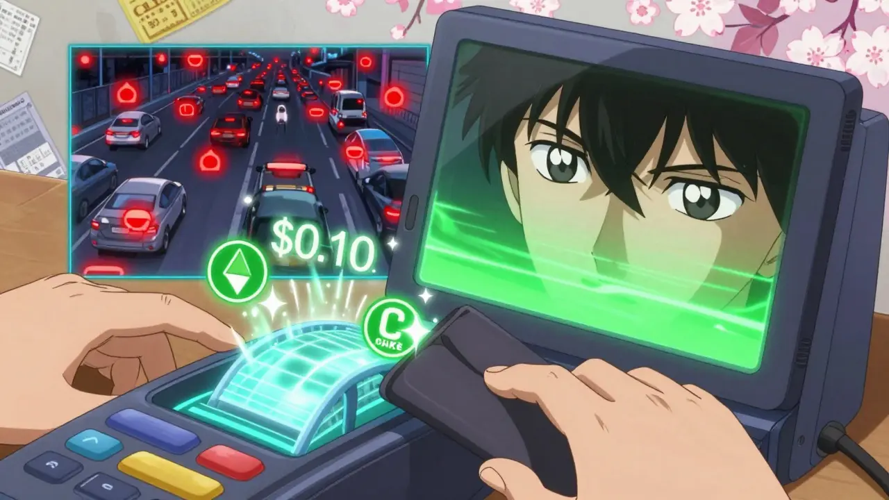 A hand connects a hardware wallet to a bridge transferring tokens from BSC to Arbitrum, with contrasting network speeds shown in glowing lines.