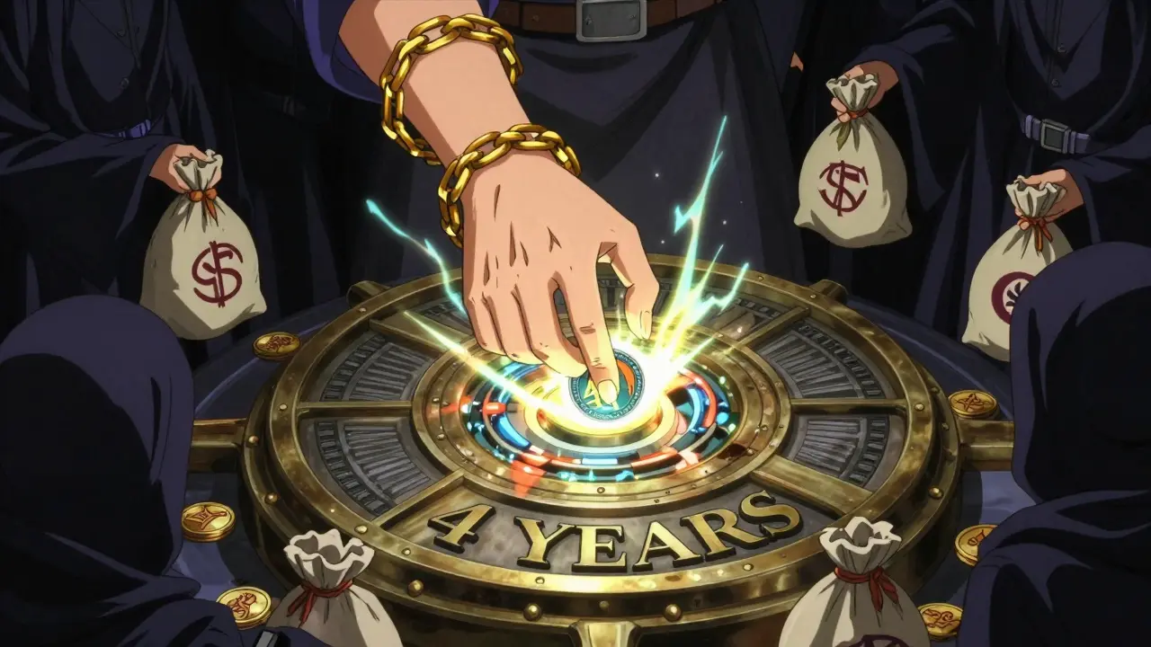A hand locking a SKY token into a time-bound mechanism with golden chains, while shadowy figures offer bribes nearby.