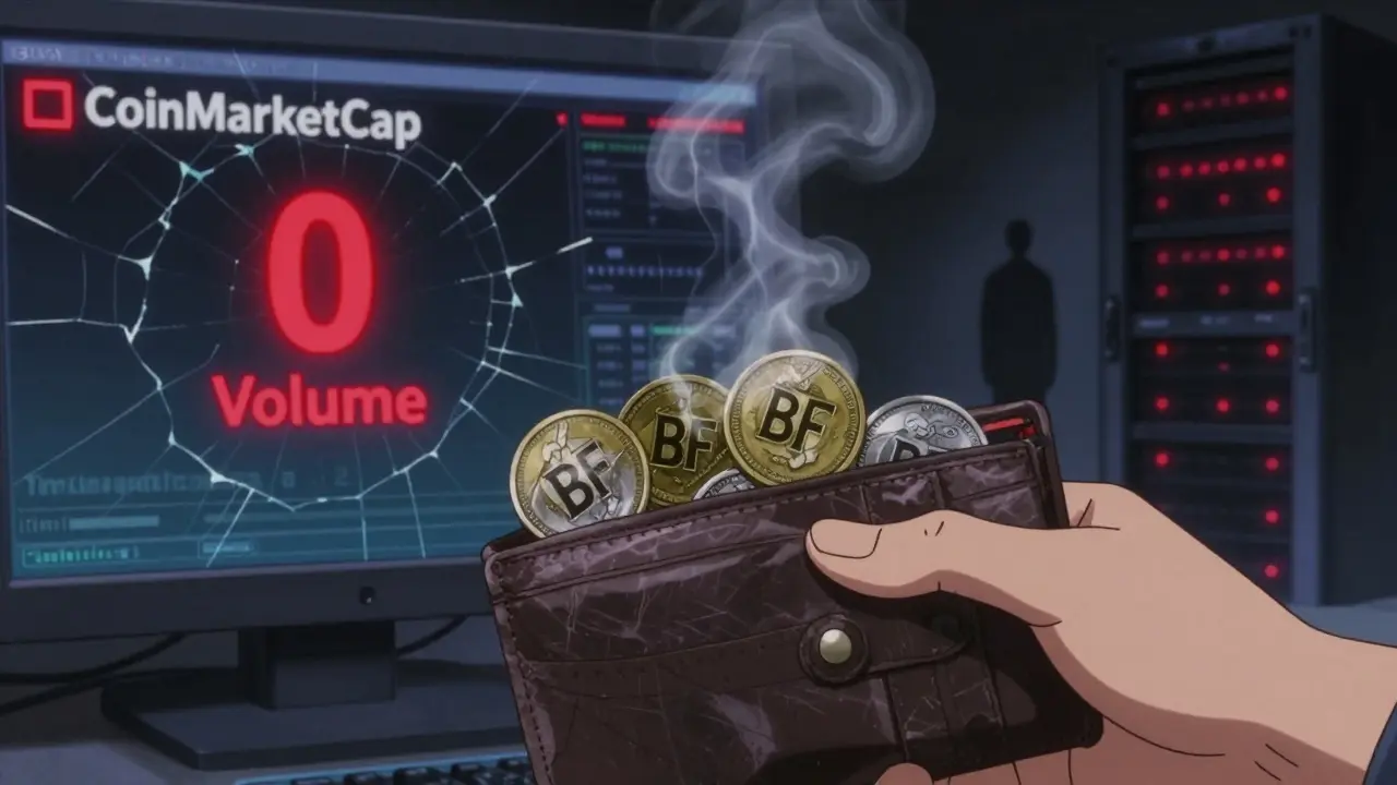 A hand watches BF tokens turn to ash as a monitor displays '0 Volume' in red, under a dying server room's glow.