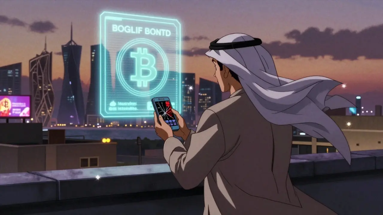 A lone investor gazes at a dark crypto screen while a legal tokenized bond shines above Doha’s skyline at dusk.