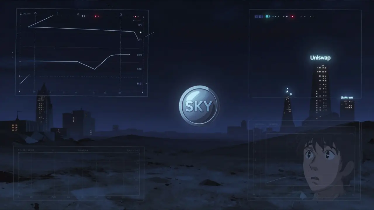 A lone SKY token floating in an empty digital marketplace with flickering trading lines and distant Uniswap towers glowing in the fog.