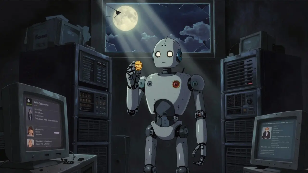 A lonely robot holds a single BOBER token in an abandoned server room, bathed in moonlight, as a fading beaver silhouette vanishes into clouds.