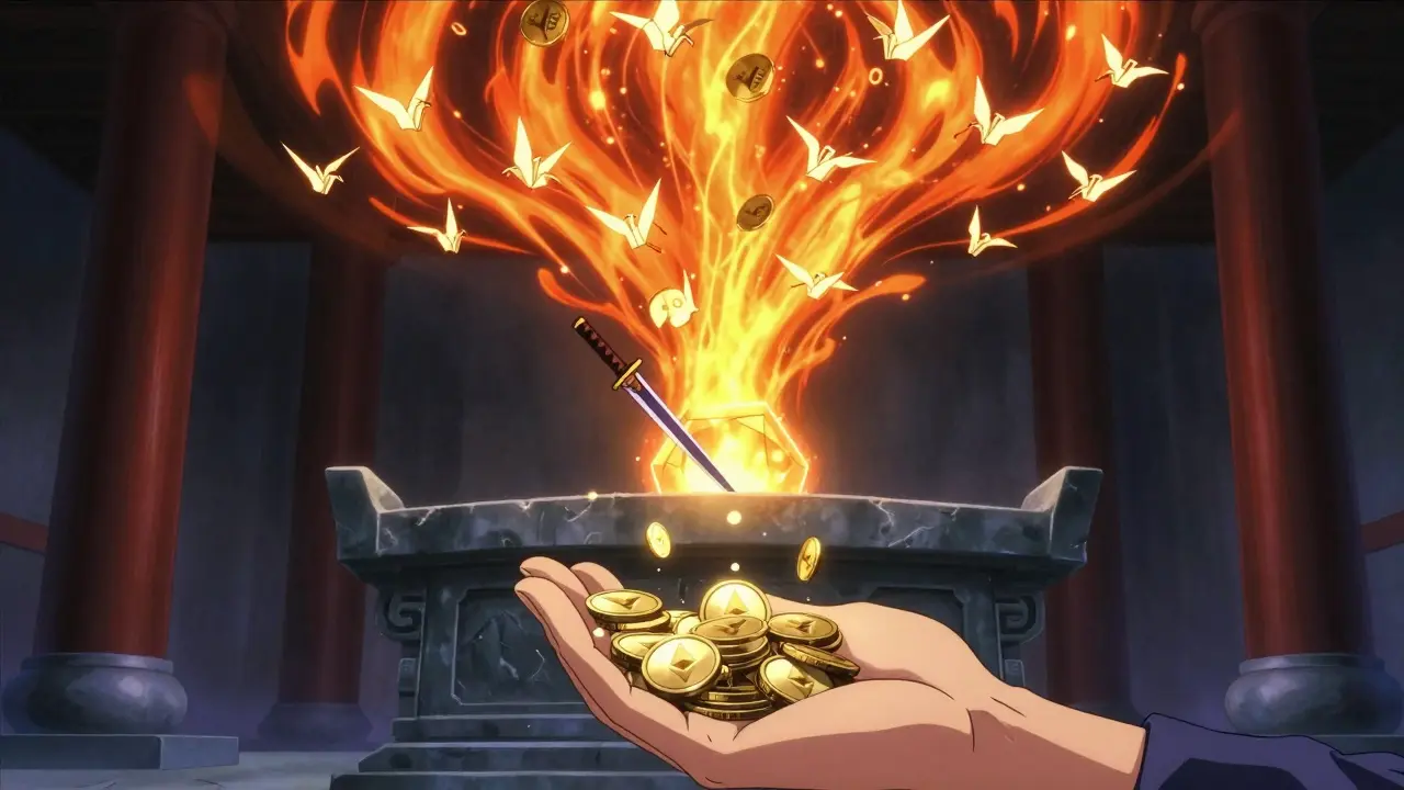 A samurai sword stands in a temple as 1,000 glowing paper cranes burn into a vortex, symbolizing daily UNIBOT token burns.