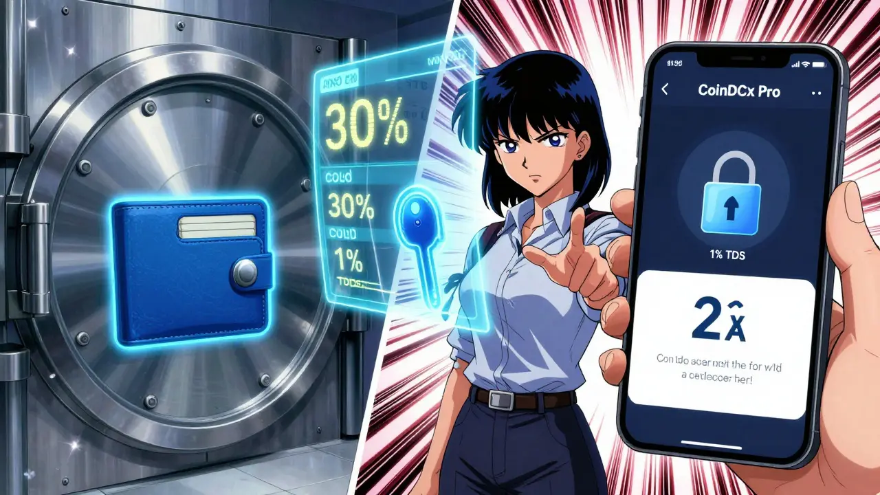 A secure crypto vault and mobile trading interface with a user holding a digital wallet key fragment.