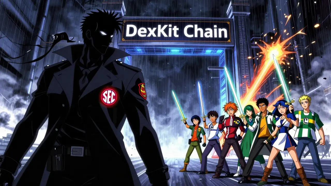 A symbolic battle between regulatory forces and global creators over access to decentralized finance, with KIT tokens as weapons.