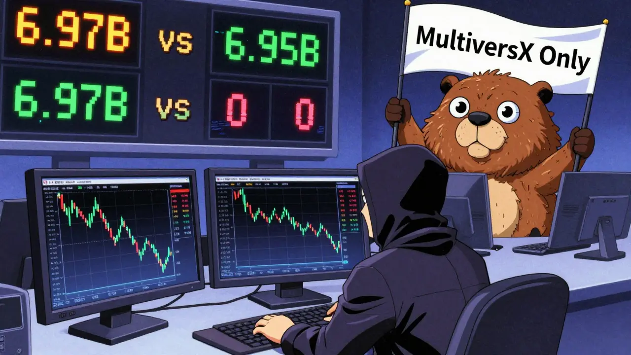 A trader in a hooded jacket faces conflicting crypto data on flickering screens, with a glitching beaver mascot in the background.