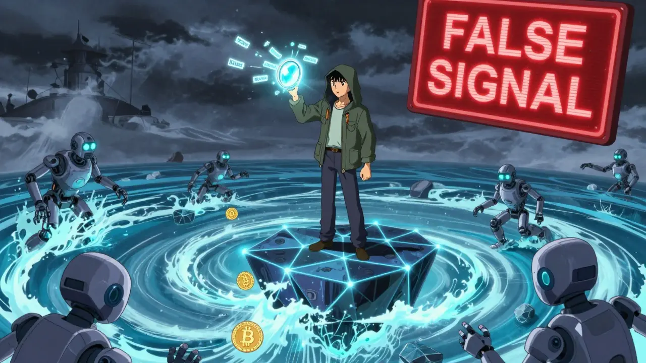 A trader on a floating node platform uses a crystal lens to reveal hidden wallet labels amid swirling crypto transfers and robotic bots.