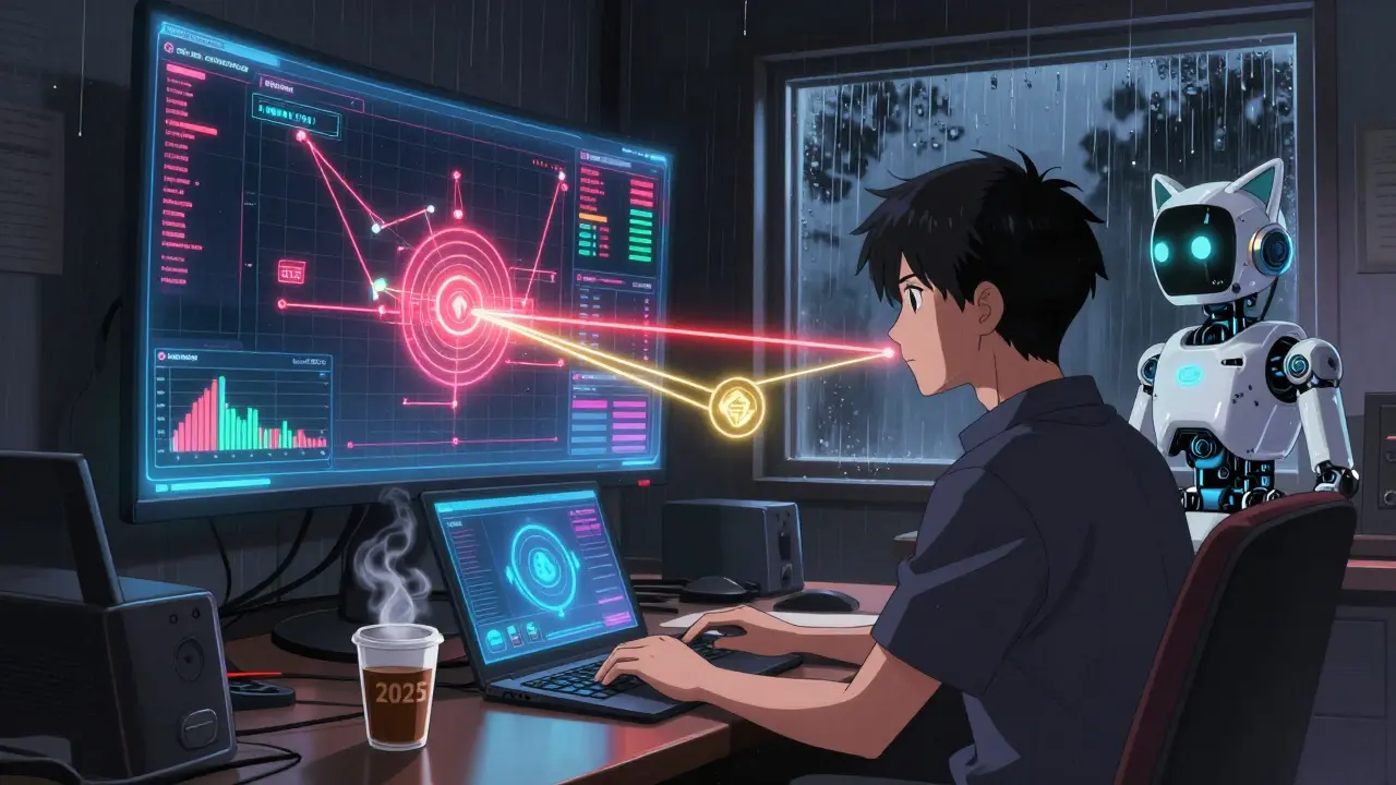 A trader with holographic charts and an AI assistant with cat ears, connected by glowing API lines.