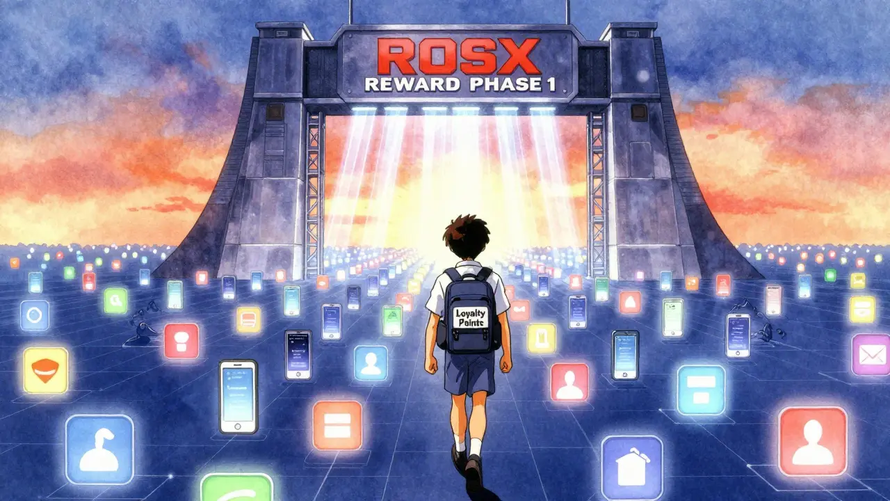 A traveler in a digital world approaches a glowing gate labeled 'ROSX REWARD PHASE 1', surrounded by active mobile devices.