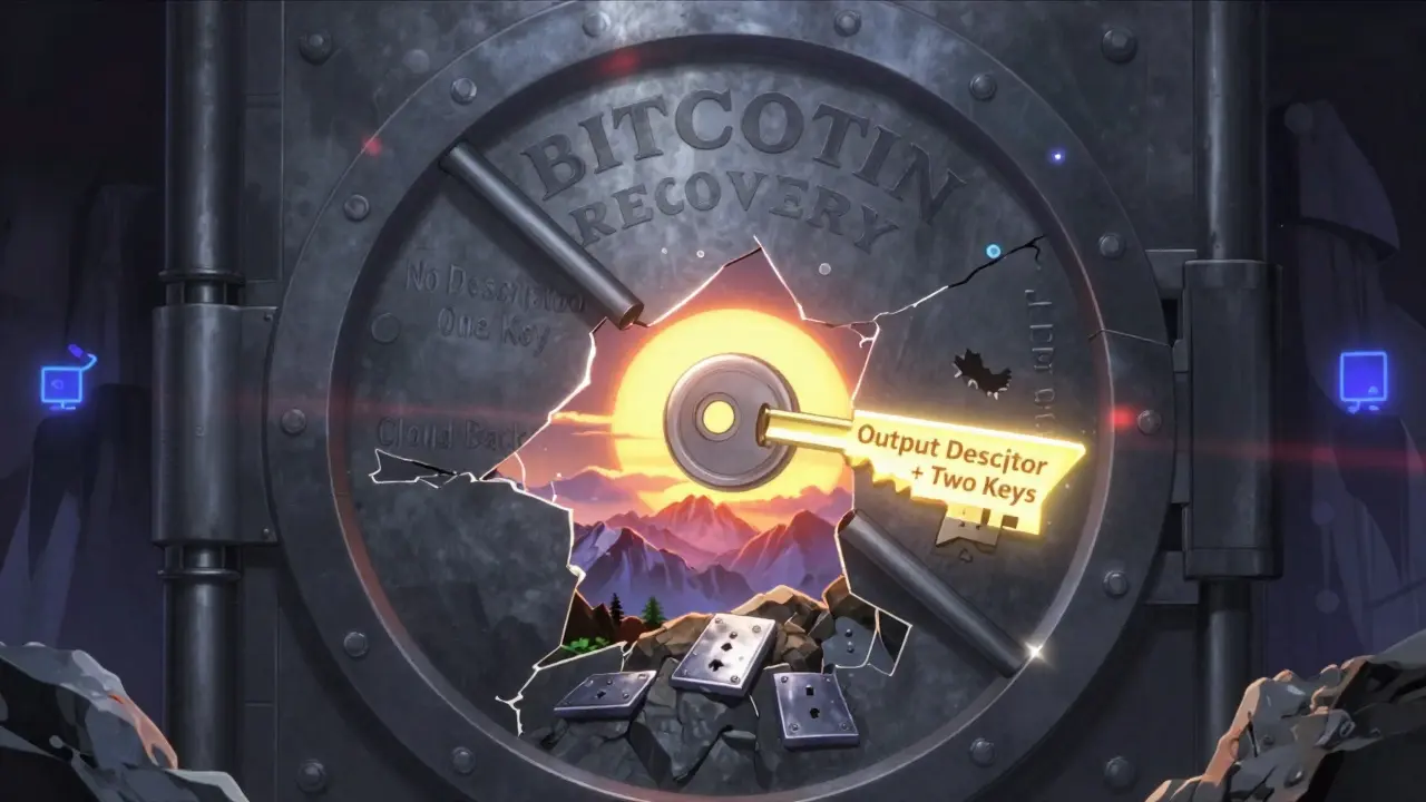 A vault with shattered locks being opened by one glowing key, sunrise behind metal seed plates.