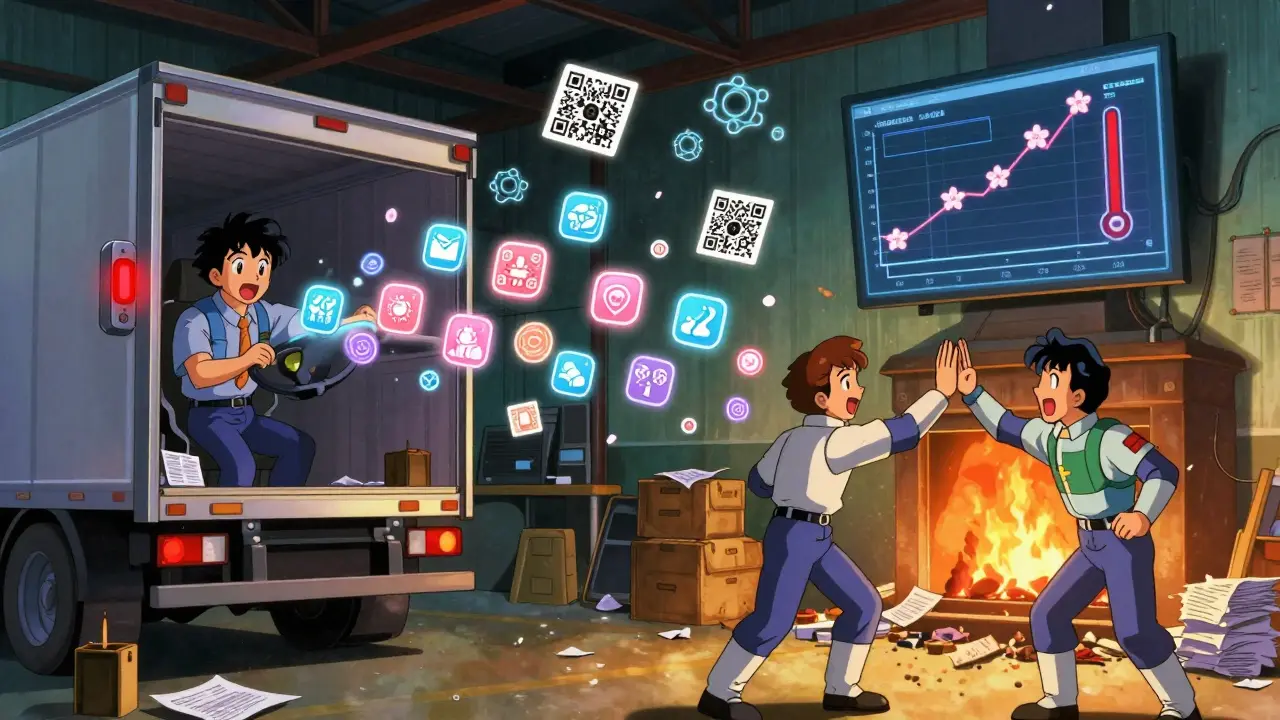 A warehouse smart contract automatically pays a driver as temperature sensors activate, paper documents burn away in a glowing fireplace.