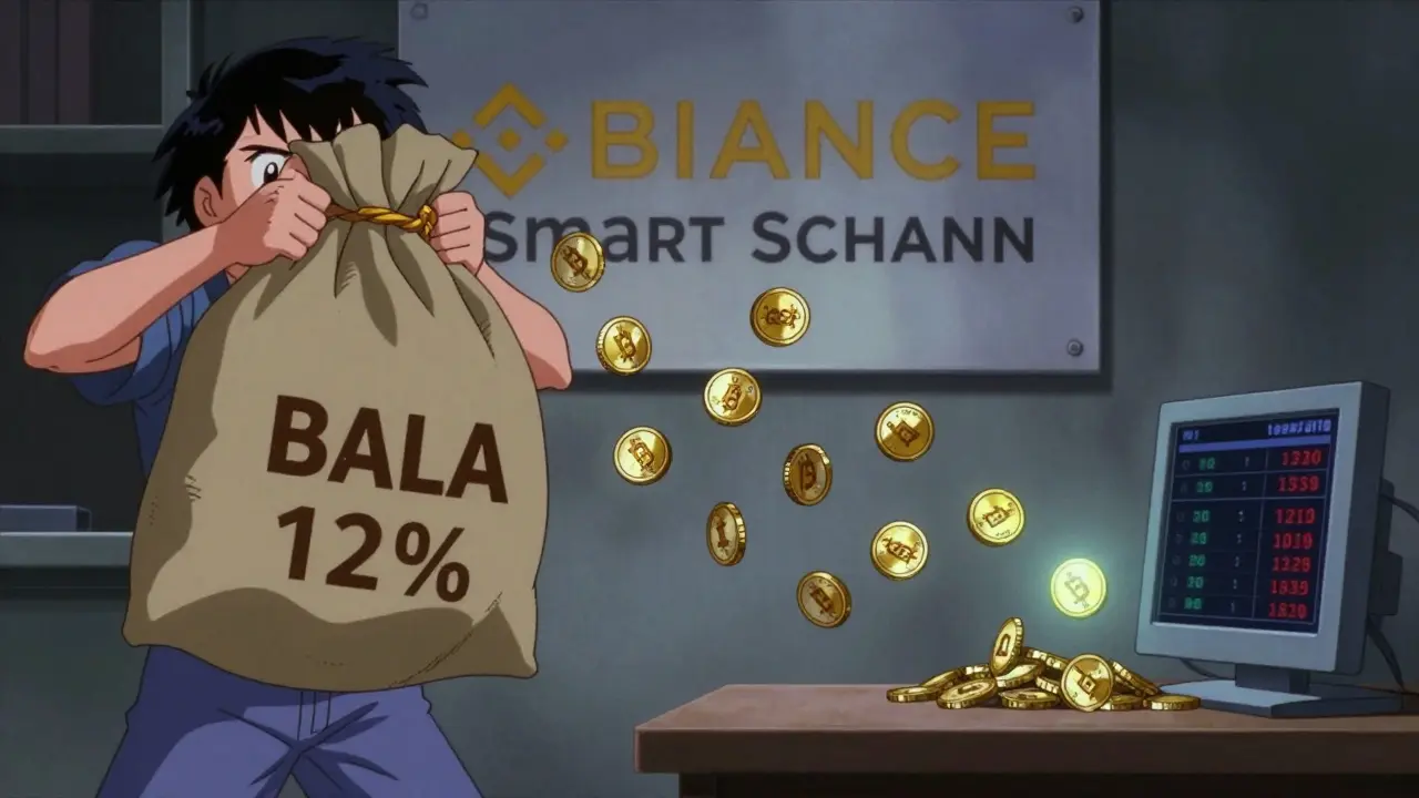 Character sending tokens with 12% fee deduction, low market value.