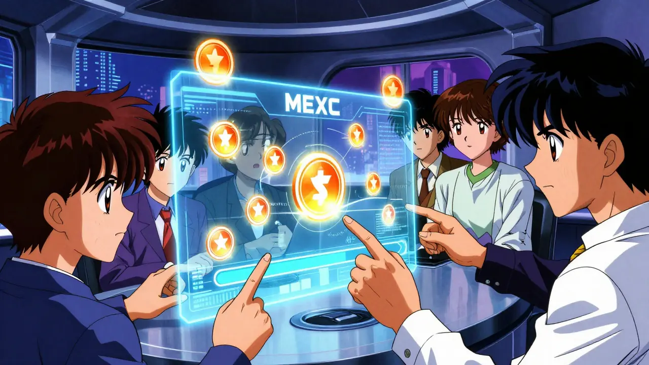 Characters staking MX tokens on holographic MEXC interface with progress bar.