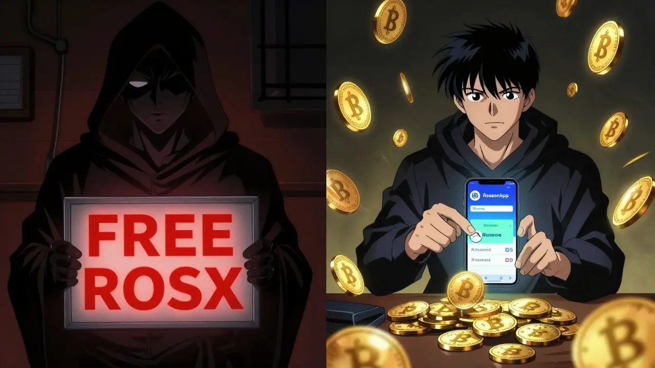 Contrasting a scammer with a fake ROSX offer against a user earning real rewards through the legitimate RoseonApp.
