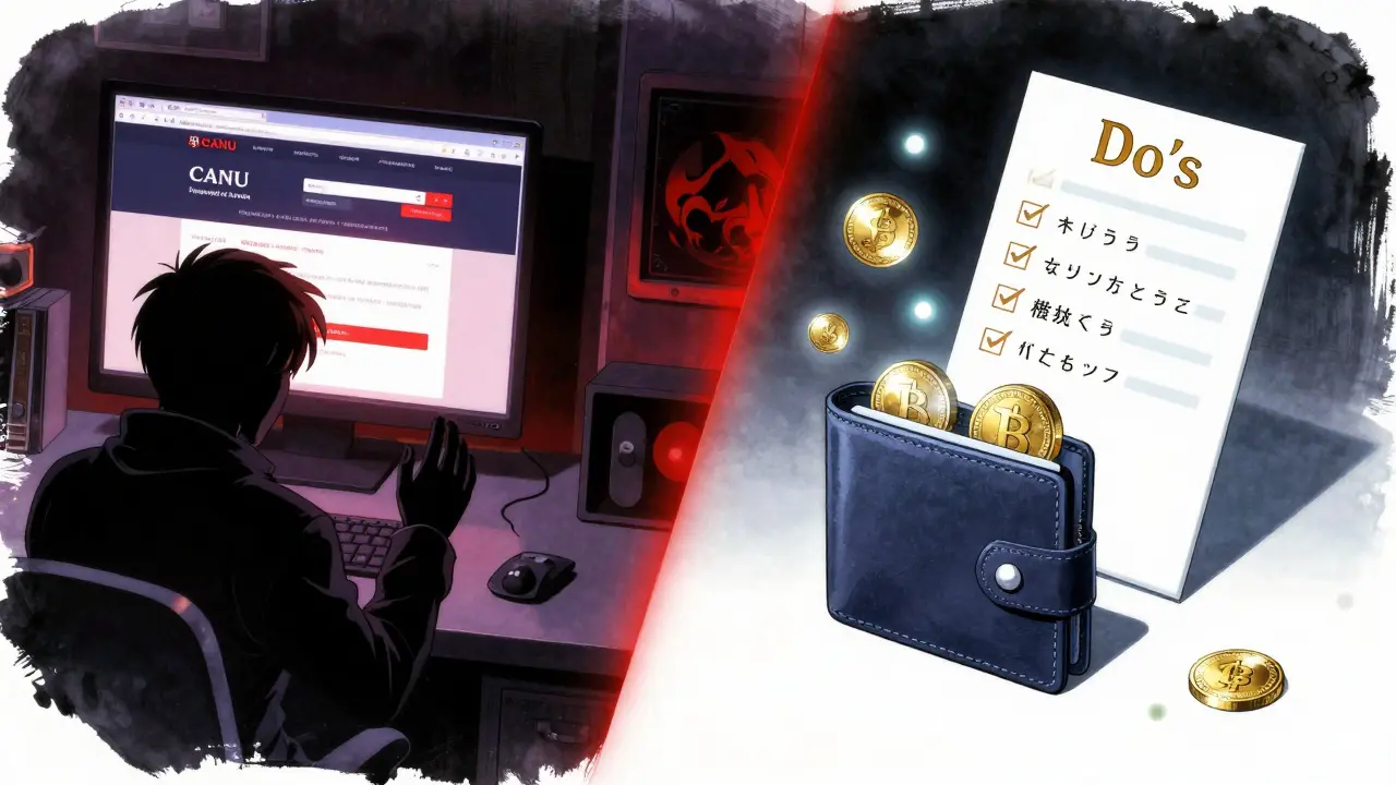 Contrasting scenes of a crypto scam on one side and safe airdrop preparation on the other, in 90s anime aesthetic.