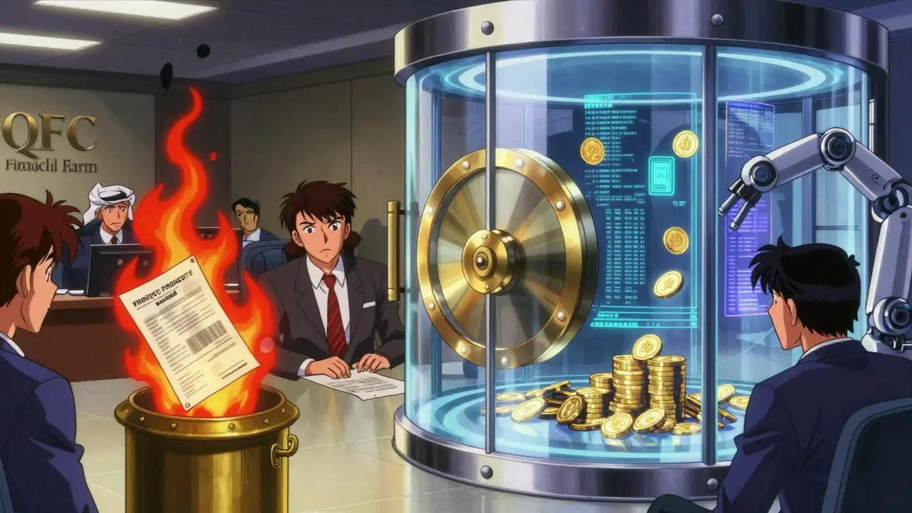 Employees burn crypto documents on one side, while holographic tokenized assets glow securely in a QFC vault on the other.