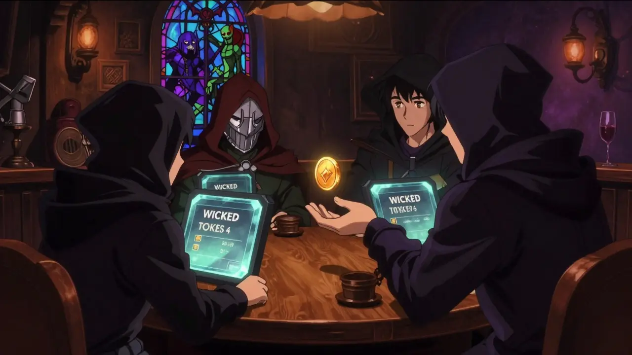 Fans in a magical tavern view WICKED Token balances on glowing screens with Temerian oren coins floating nearby.