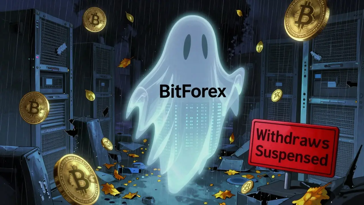 Ghostly BitForex building floats above a graveyard of dimming crypto tokens, with 'Withdrawals Suspended' in pixelated text.