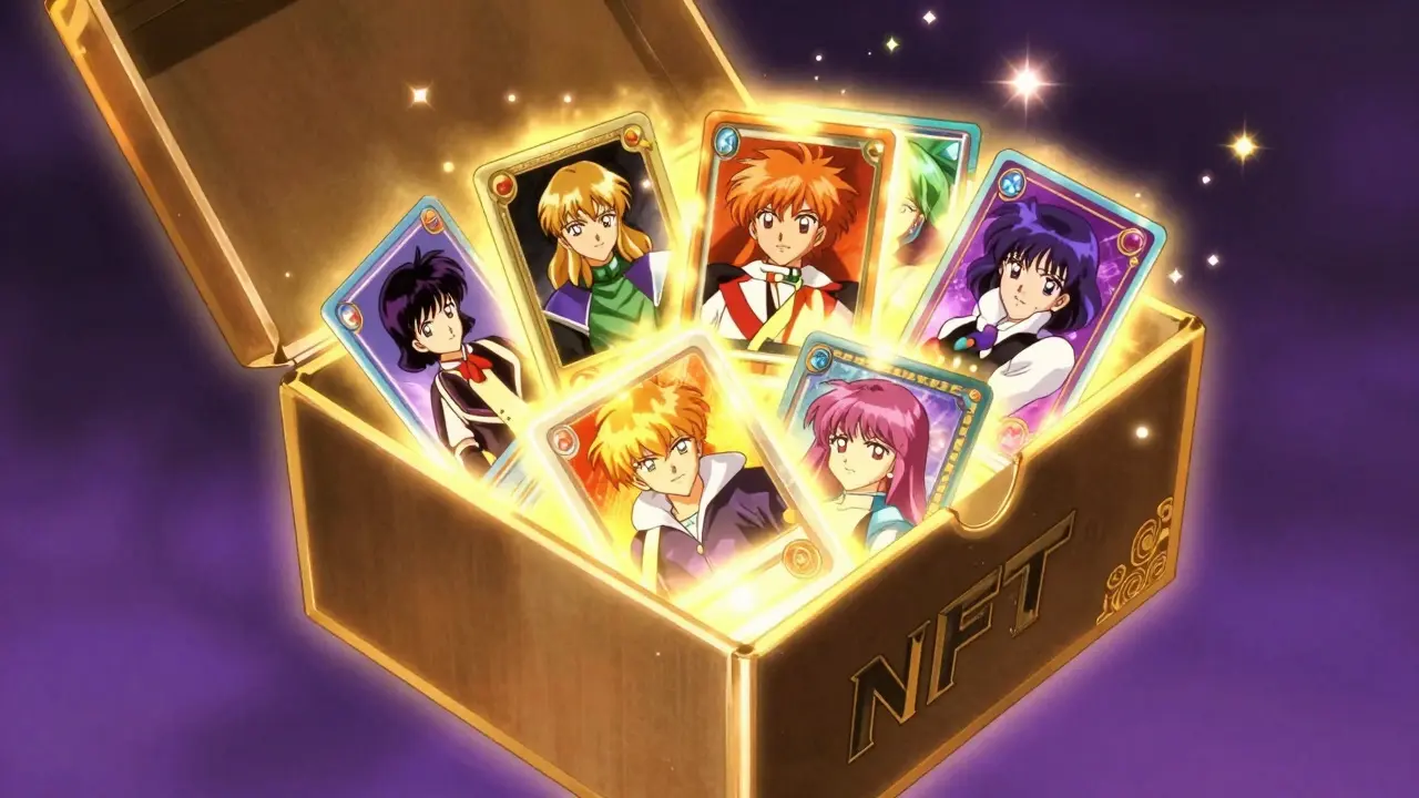 Glowing NFT box releasing rare cards and skins
