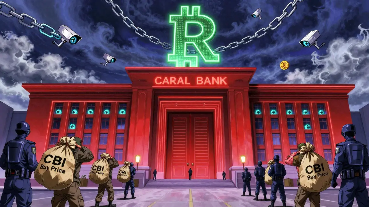Government agents collect mined Bitcoin from miners as giant digital chains bind the sky, with the Rial Currency symbol crushing Bitcoin above a Central Bank building.