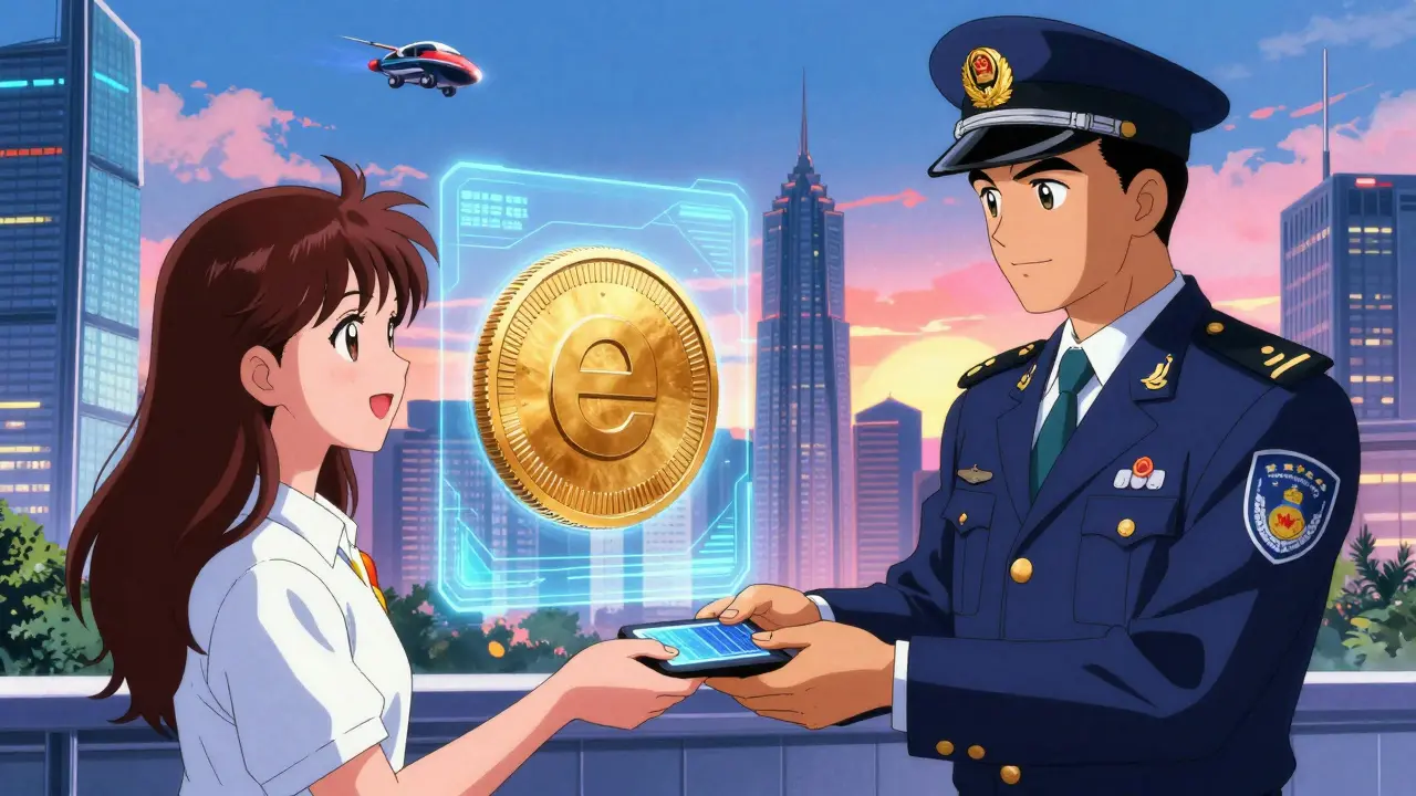 Government official presenting digital yuan wallet in futuristic Shanghai cityscape