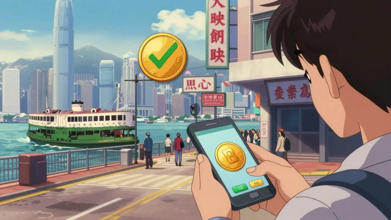 Hong Kong street scene with regulated stablecoin transaction, Star Ferry in background
