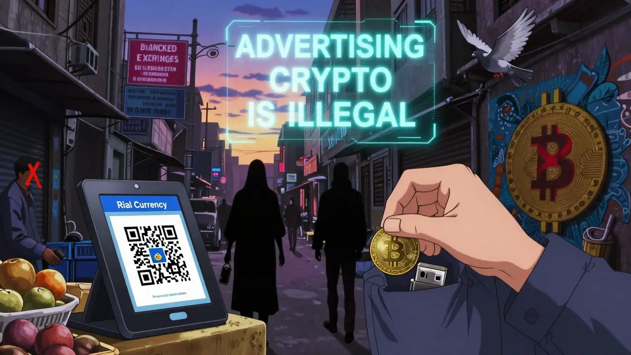 People shop with government digital currency while shadowy figures pass DAI tokens in alleyways, with holographic crypto bans flickering overhead in a Tehran street.
