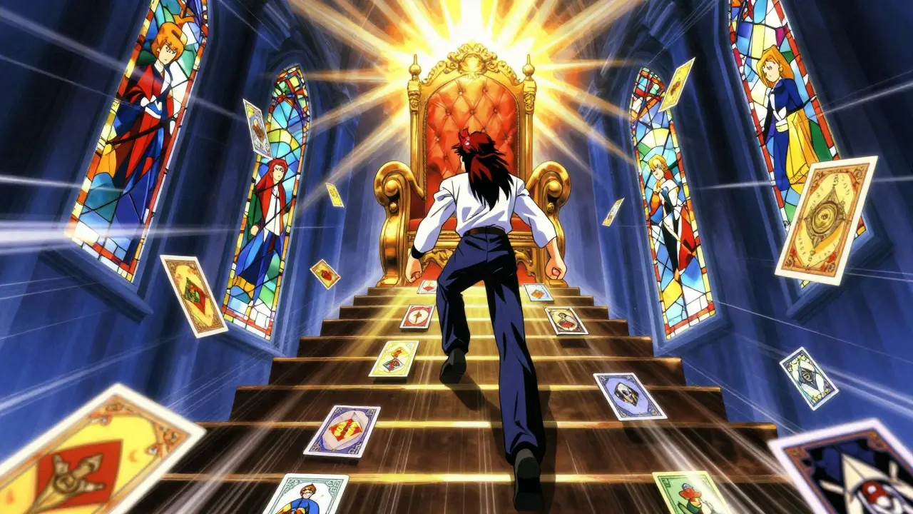 Player ascending card staircase toward throne in sunlight
