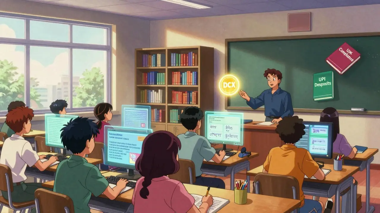 Students learning crypto basics in a modern classroom with holographic tutorials and floating educational books.