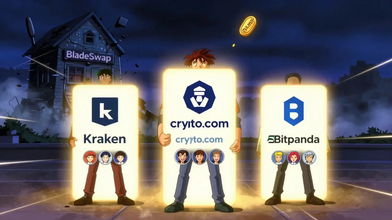 Three legitimate exchanges shine in a digital plaza while BladeSwap crumbles into pixels in the background.