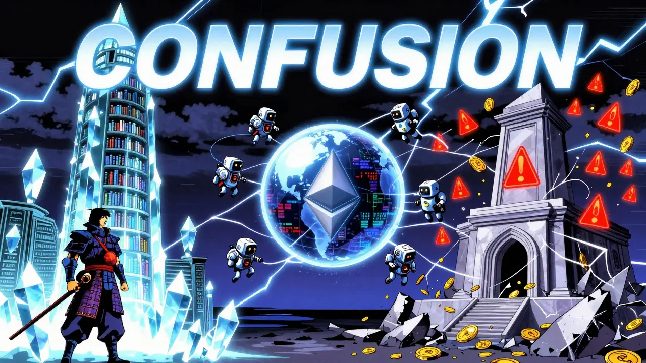 Three symbolic representations of Themis projects: library, AI tool, and hacked DeFi protocol in a split scene.