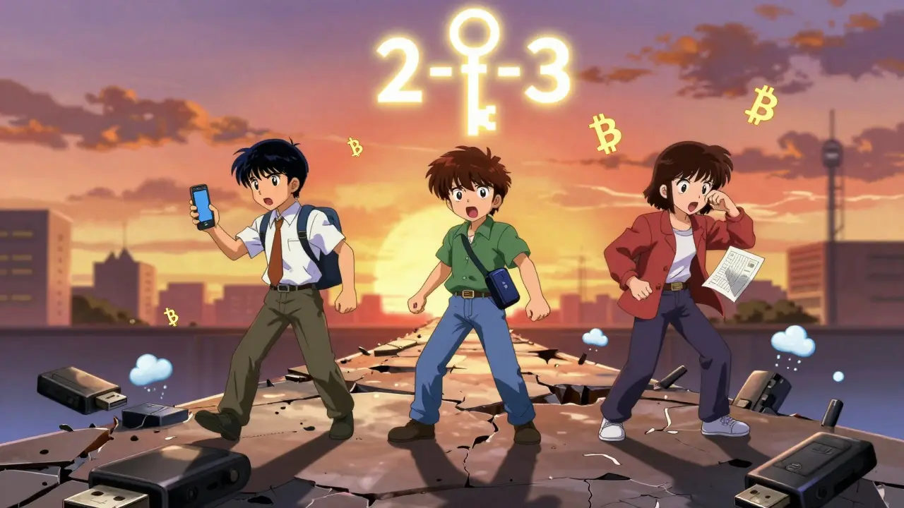 Three users on a crumbling bridge with floating 2-of-3 key symbol, digital backups failing around them.