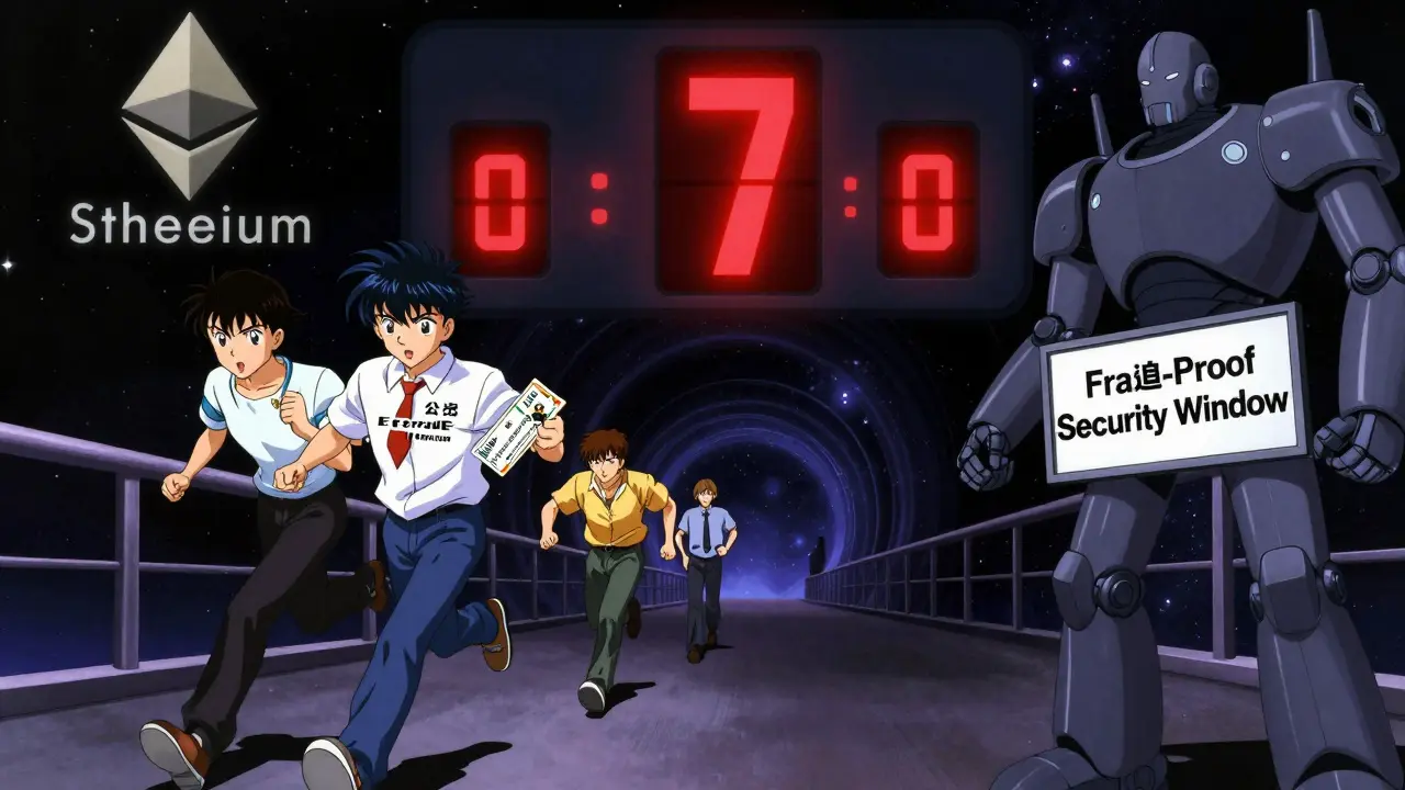 A 7-day bridge countdown between blockchains with anime characters rushing through a cosmic tunnel guarded by a robot.