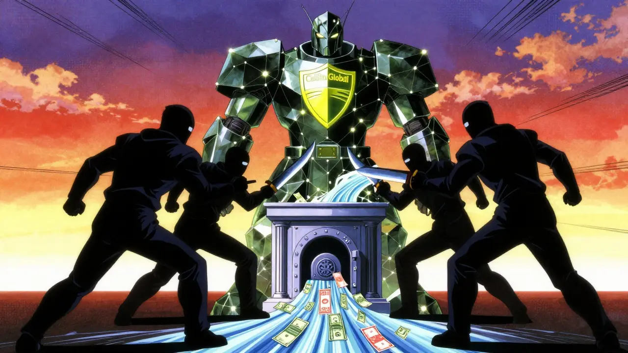 A blockchain guardian battles hacker figures while fiat currency flows into a secure vault.