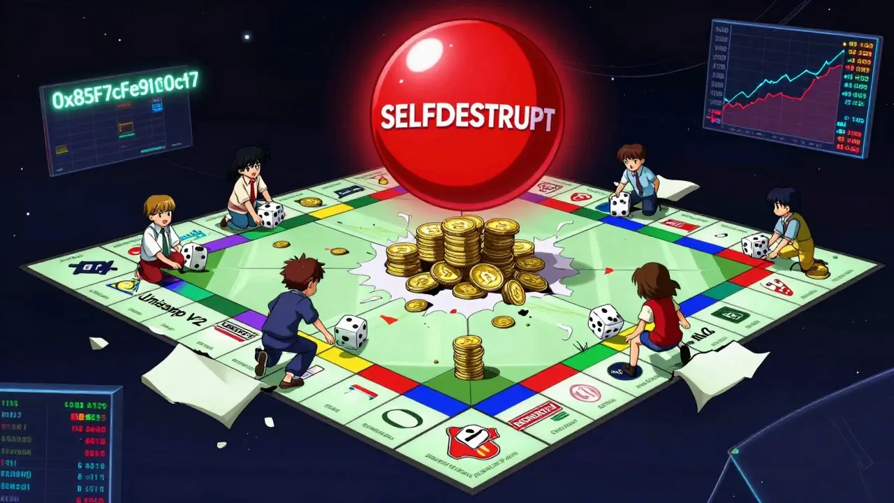 A crumbling crypto-themed board game with a pulsing selfdestruct button and fragmented price charts.