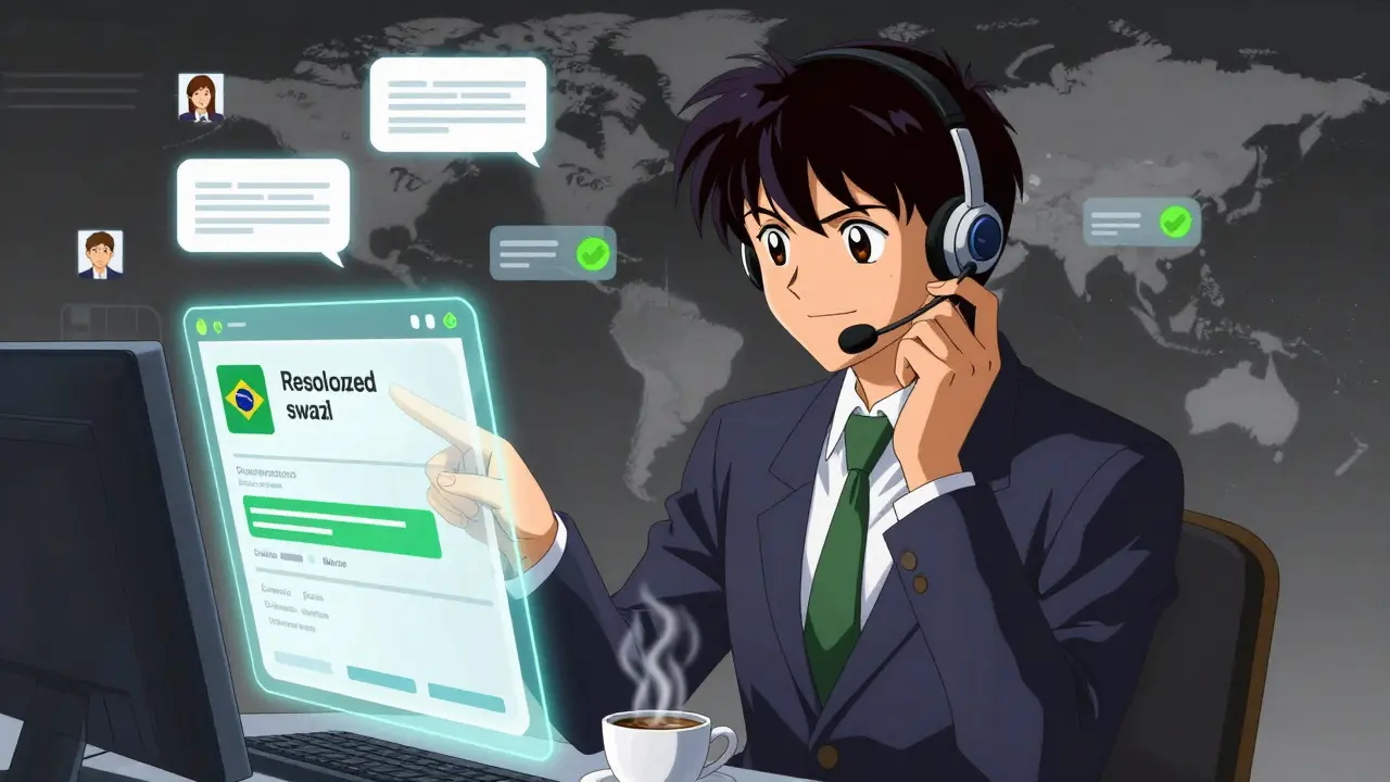 A customer support agent resolving a crypto swap issue with glowing holographic tickets in a futuristic call center.