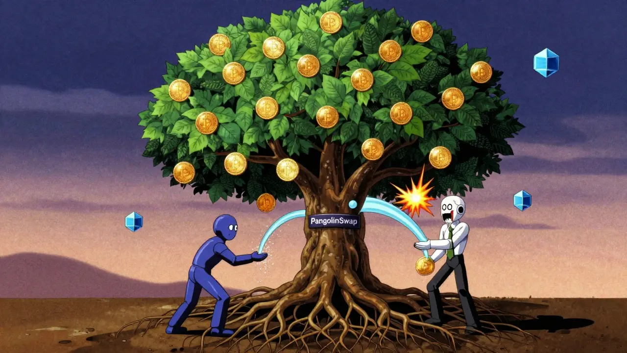 A digital tree grows inside PangolinSwap, fed by users staking Bzzt and Bzzb, with BZZONE tokens blooming as leaves.
