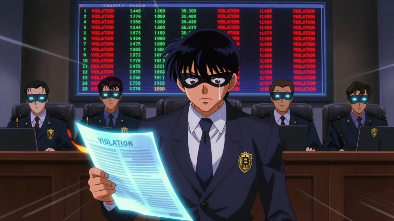 A dramatic courtroom scene where a crypto executive faces glowing MAS regulators as transaction logs burn in holograms.