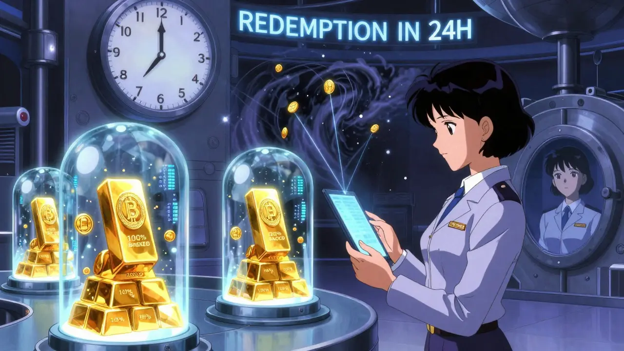 A futuristic vault beneath Marina Bay with glowing stablecoin reserves, an auditor checking redemption clocks, and erased unlicensed tokens.