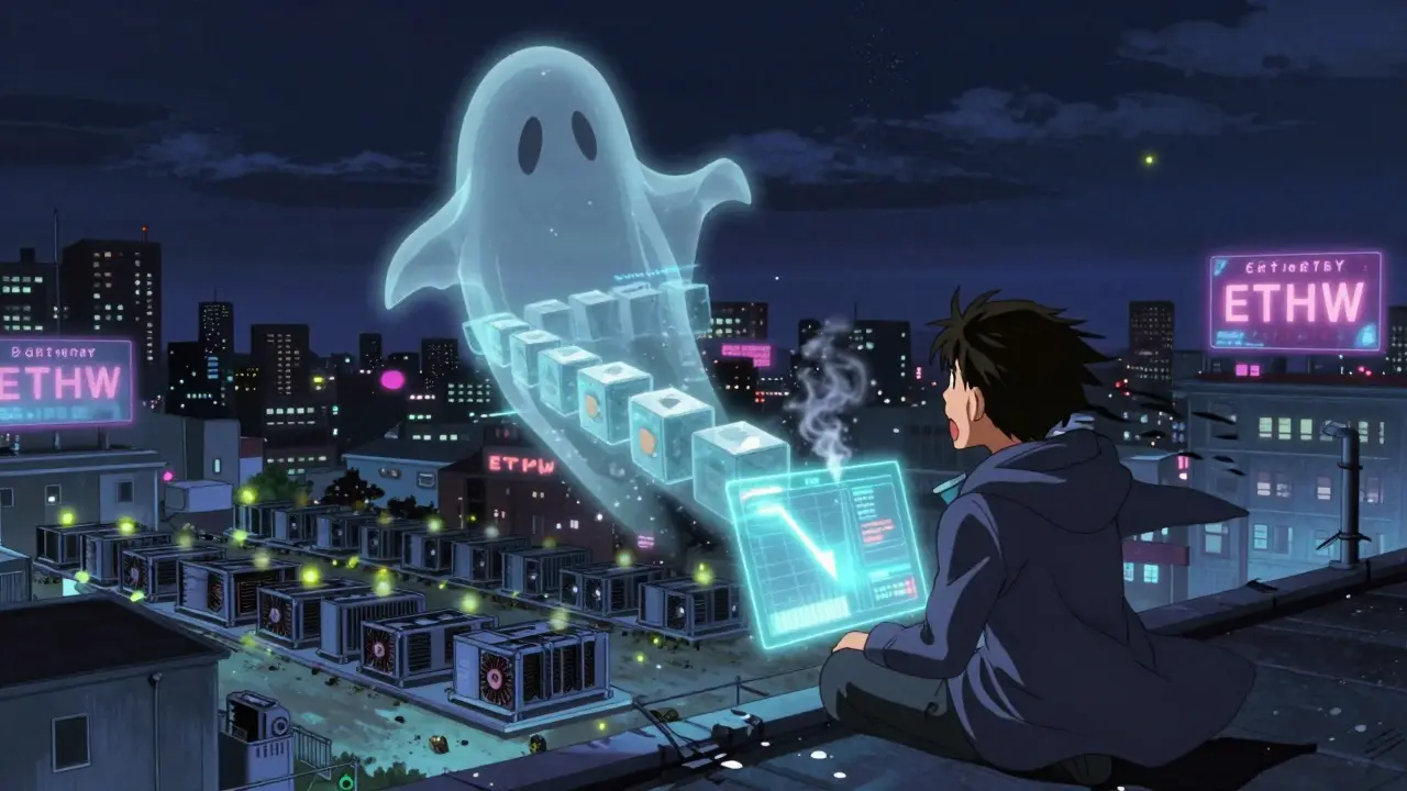 A ghostly ETHW blockchain dissolving in a cyberpunk city, a miner watches profits crash on a hologram.