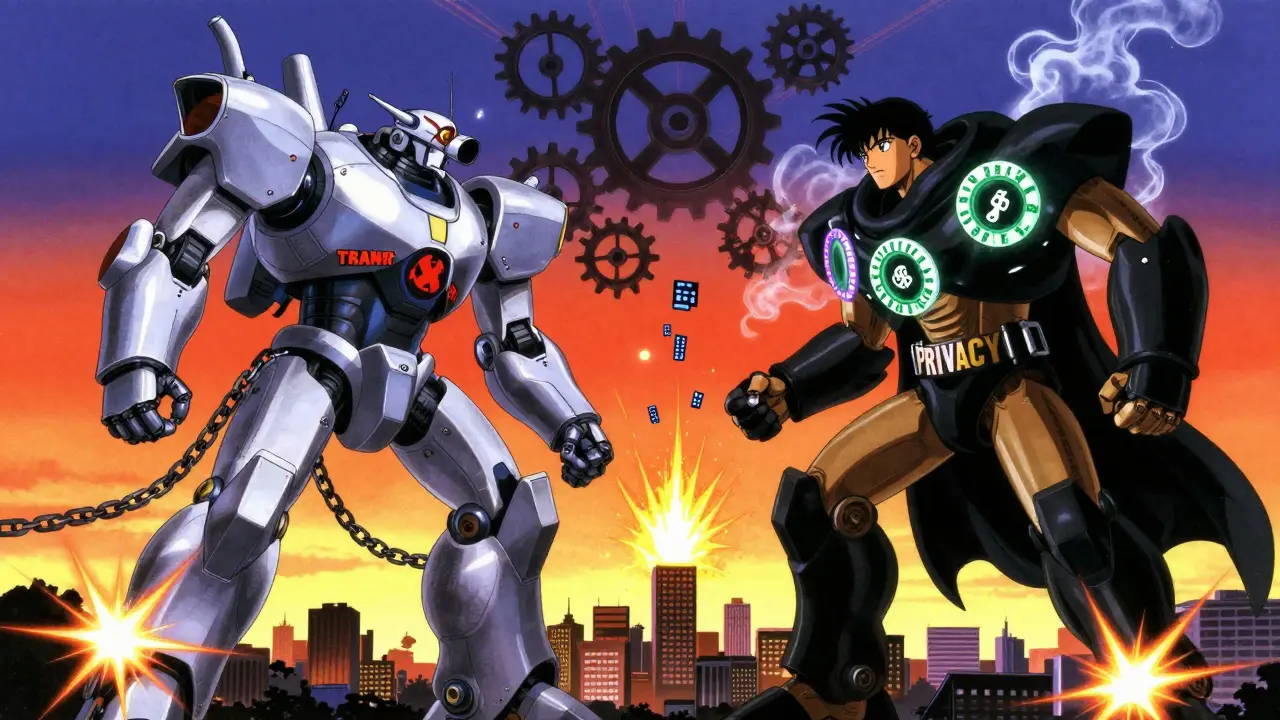 A giant battle between Transparency and Privacy robots looms over an Australian city under a glowing sunset.